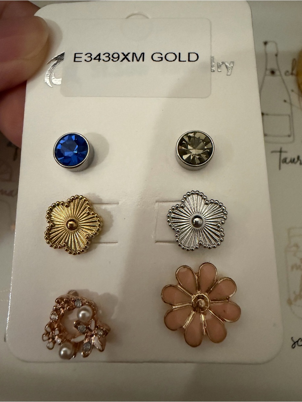 Dainty NEW set of 3 pairs asymmetrical dainty Gold and Pink Floral Earring Set